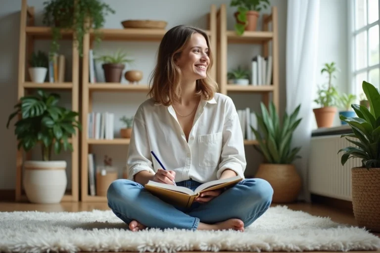 Femme assise en train de journaliser dans son salon lumineux