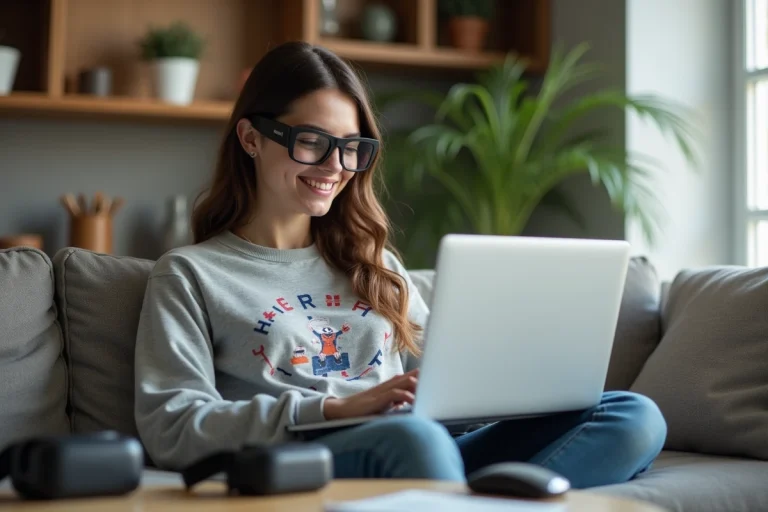 Jeune femme utilisant un ordinateur portable avec des lunettes connectees