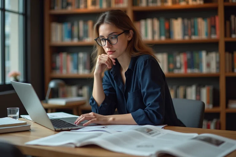 Femme en lecture dans une bibliothèque moderne