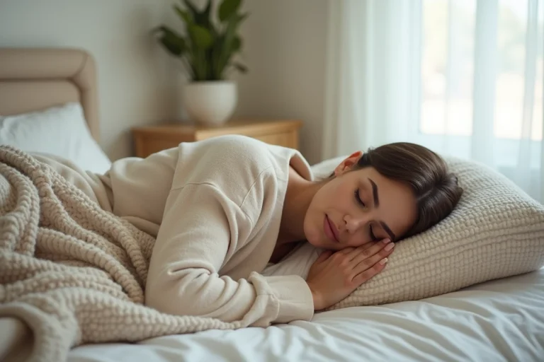 Femme relaxee avec couverture lourde dans la chambre