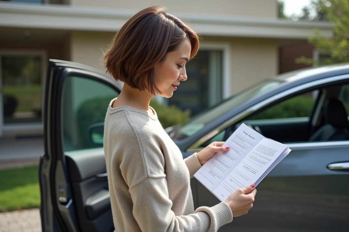 Femme regardant le manuel de la voiture près de la porte ouverte