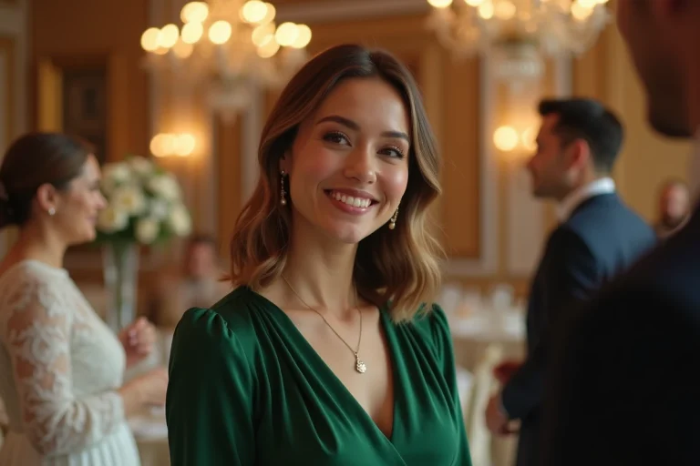 Femme en robe verte élégante lors d'un mariage en intérieur