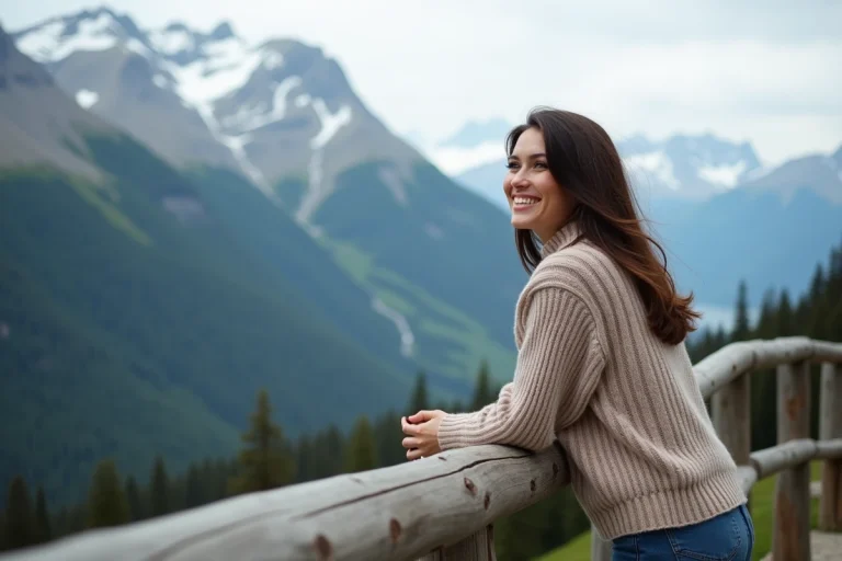 Femme souriante en montagne avec vue panoramique