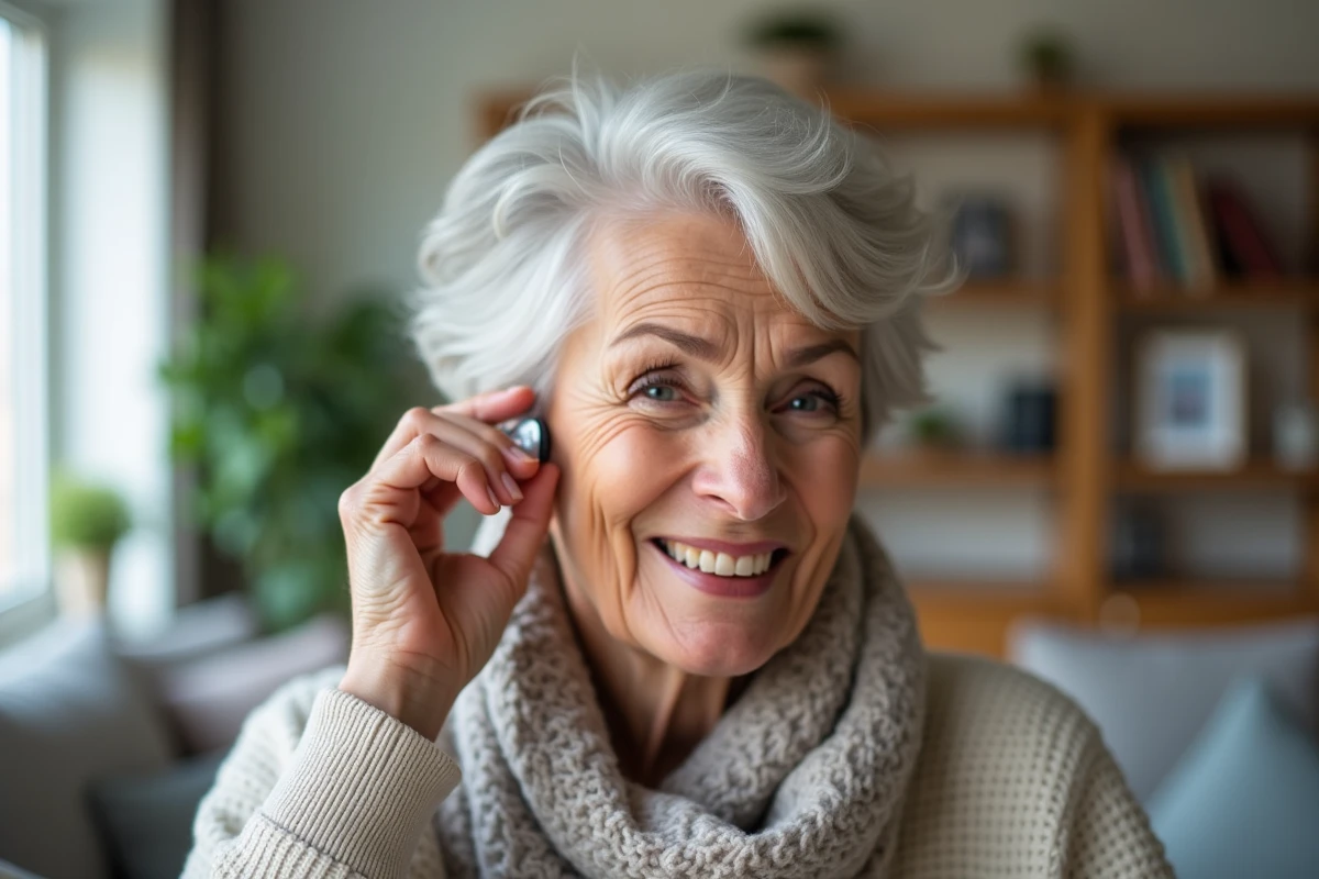 Femme âgée essayant un appareil auditif à la maison