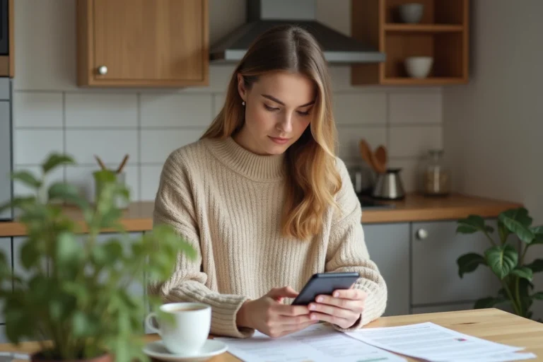 Jeune femme organise papiers et vérifie un smartphone dans une cuisine moderne