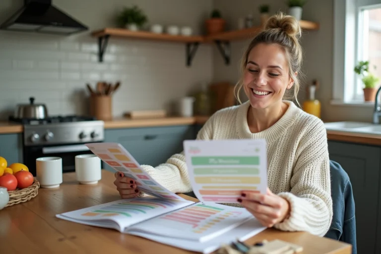 Femme souriante compare planificateurs repas dans une cuisine chaleureuse