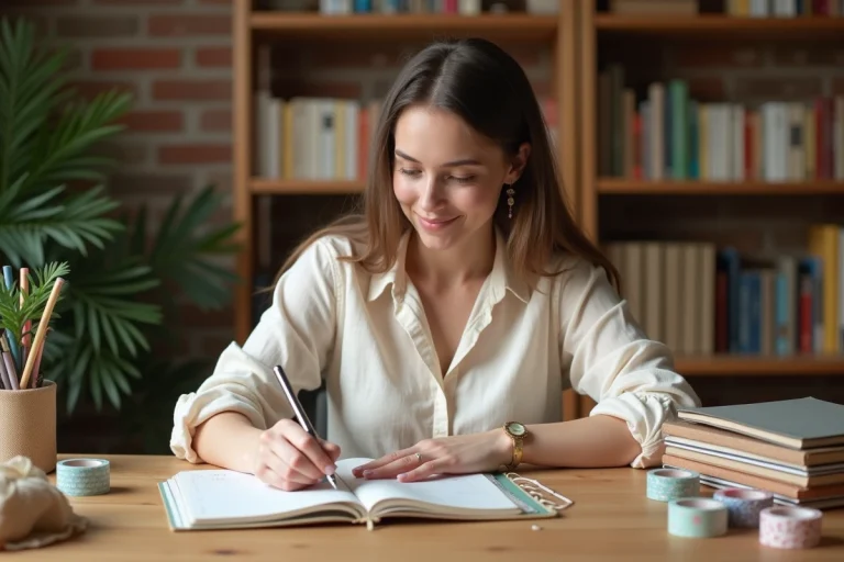 Jeune femme organisant sa papeterie commandée en ligne sur un bureau en bois avec carnets, stylos et washi tape