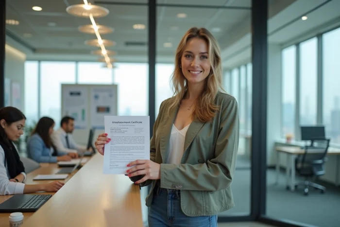 Femme souriante avec certificat de chomage dans un bureau moderne