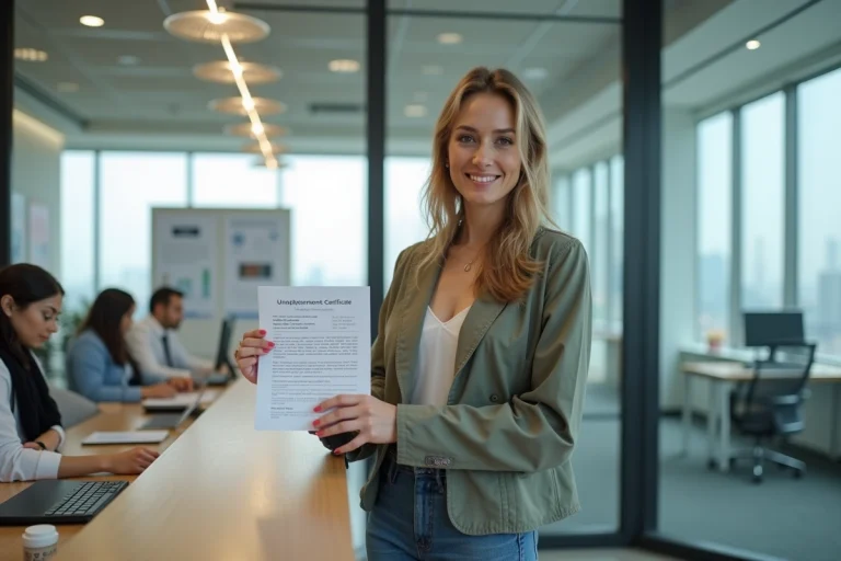Femme souriante avec certificat de chomage dans un bureau moderne