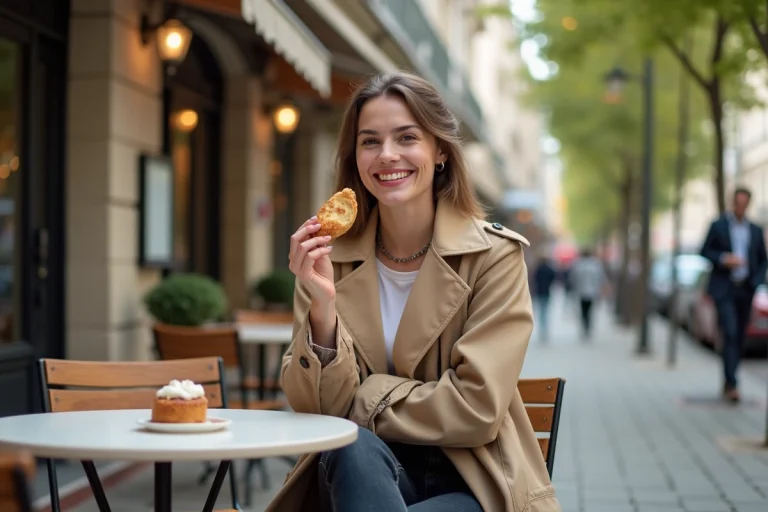Femme souriante dans un café parisien avec trench beige