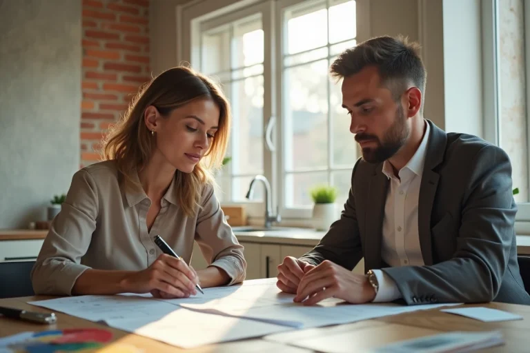 Femme et jeune homme discutant plans de renovation dans un appartement lumineux