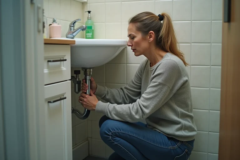 Femme examinant un siphon sous un lavabo de salle de bain