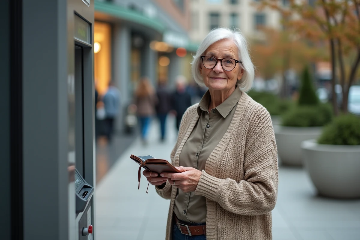 Femme retraitée avec portefeuille près d