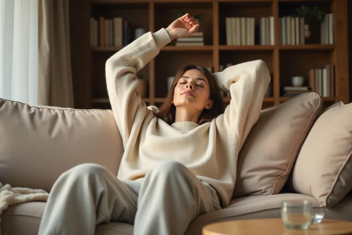Femme qui se réveille d'une sieste sur un canapé en lin beige, bâillant et s'étirant avec une expression endormie dans un salon cosy