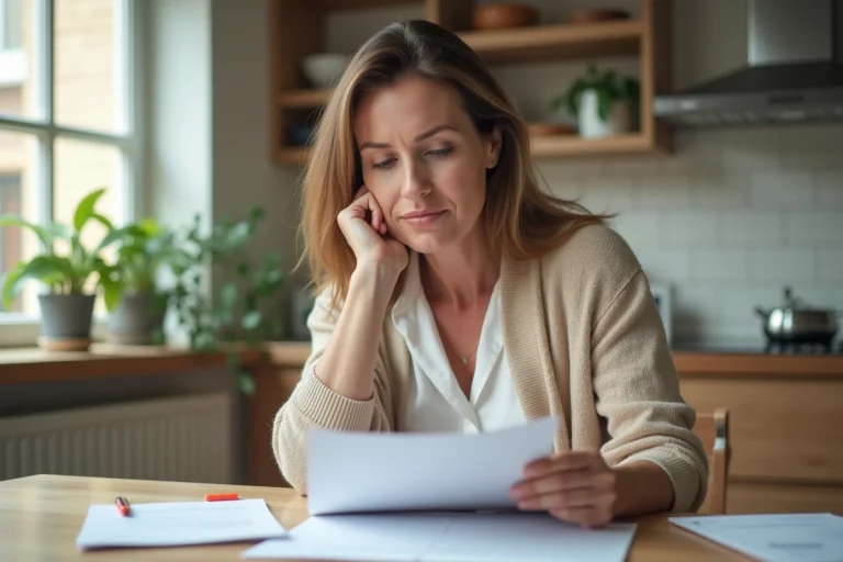 Femme d'âge moyen examine des documents dans une cuisine lumineuse