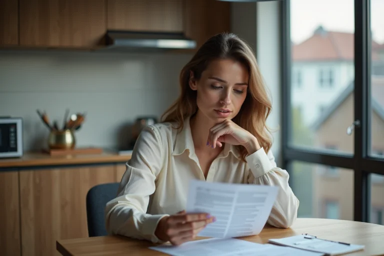 Femme réfléchissant à ses papiers financiers dans la cuisine