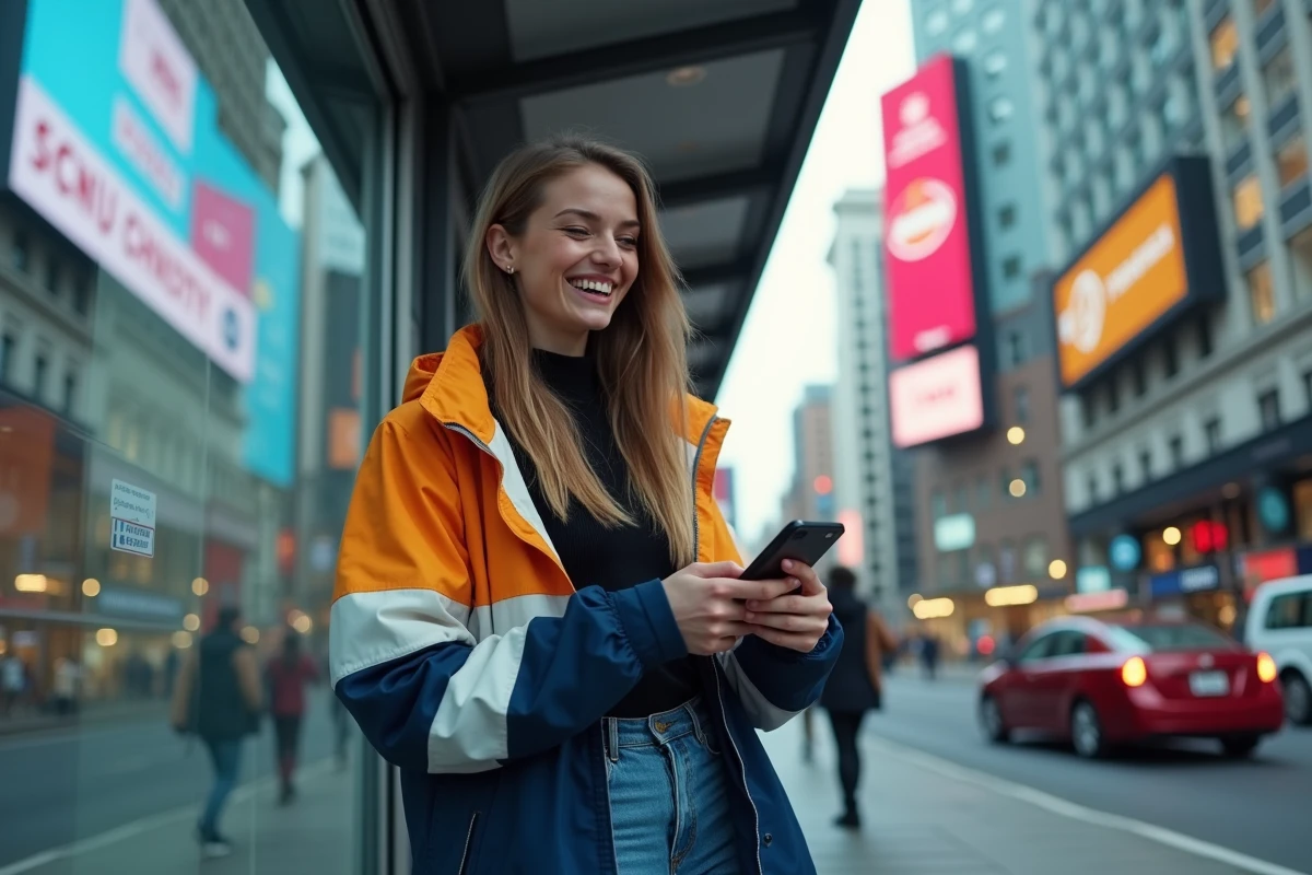 Jeune femme qui rit au bus stop en ville