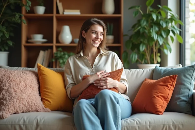 Jeune femme dans un salon arrangeant des coussins colorés