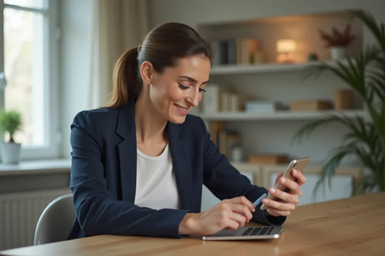 Femme élégante vérifiant son smartphone avec carte de crédit