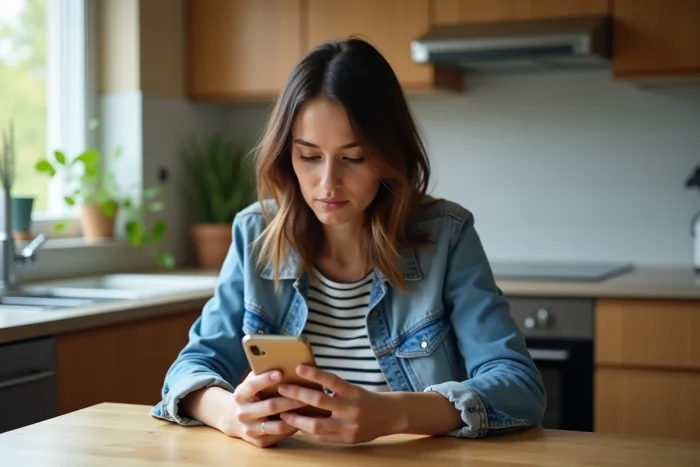 Femme en denim et t-shirt à la maison regardant son smartphone