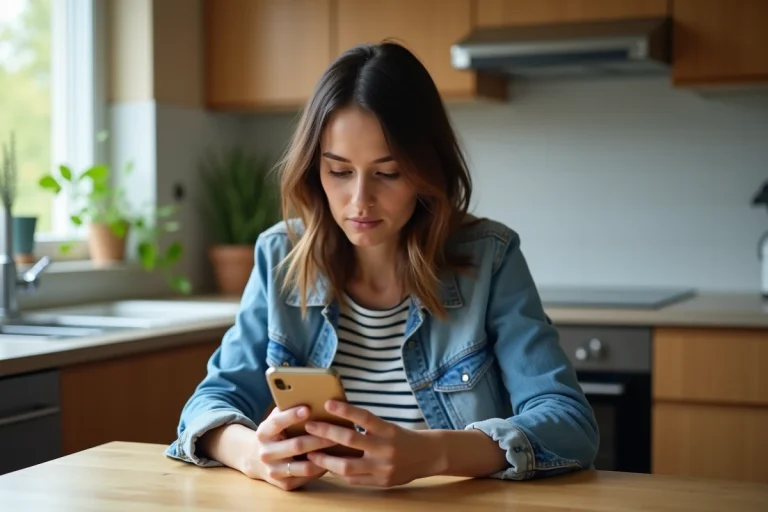Femme en denim et t-shirt à la maison regardant son smartphone