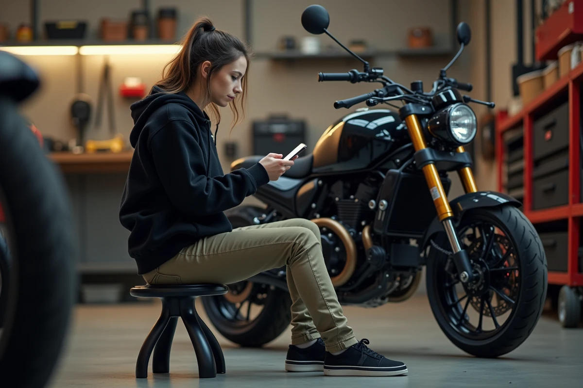 Femme regardant son smartphone à côté de sa moto électrique dans le garage