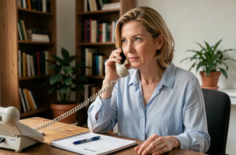 Femme au téléphone avec un conseiller depuis son bureau à domicile pour ses démarches administratives