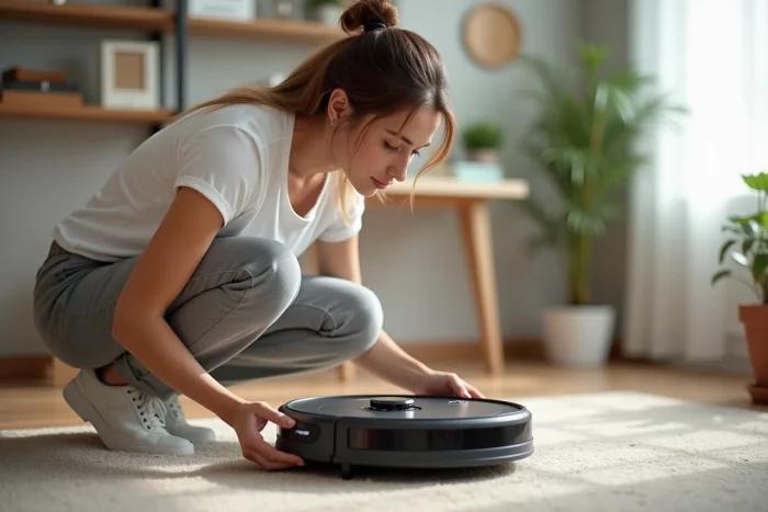 Femme inspectant le dessous d'un aspirateur robot pour vérifier sa puissance en pascals sur une moquette beige
