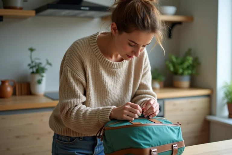 Femme examine un sac à dos coloré dans la cuisine