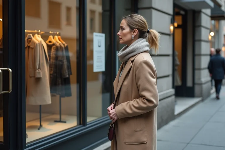 Femme en manteau beige contemplant une affiche devant un magasin