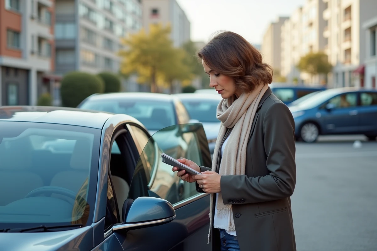 Femme vérifiant le véhicule électrique dans un parking urbain
