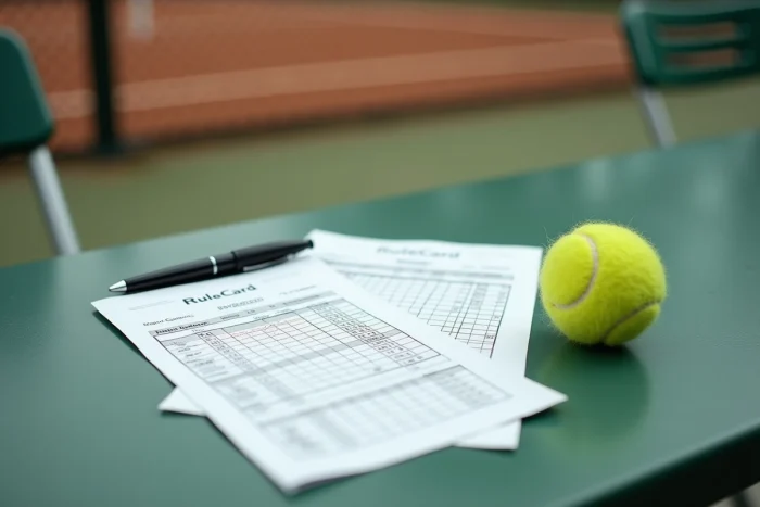Fiche de score officielle et règlement de tennis posés sur une table de court, représentant la signification et le fonctionnement du TMC dans le tennis professionnel