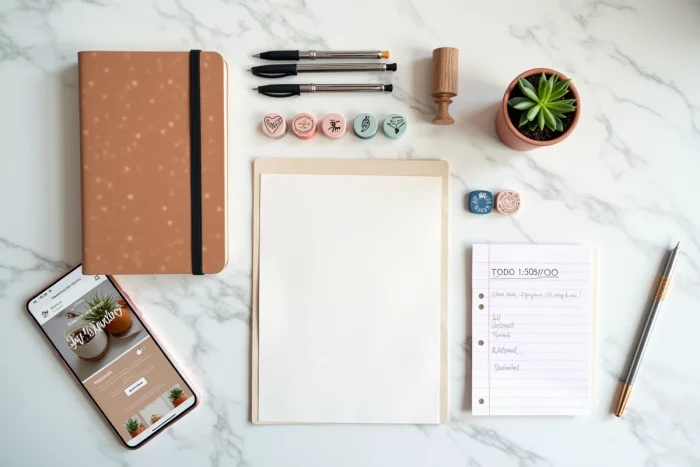Flat lay de papeterie créative commandée en ligne sur marbre blanc avec carnet, stylos et smartphone