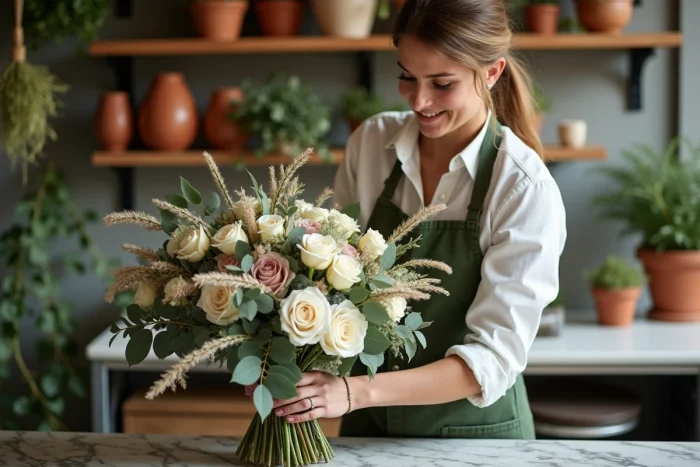 Fleuriste professionnelle assemblant un bouquet de mariée en roses et herbes séchées dans un atelier floral au décor chaleureux