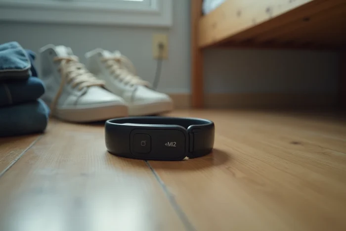 Gros plan sur un bracelet électronique de surveillance posé sur un parquet en bois, symbole de la liberté conditionnelle et des remises de peine