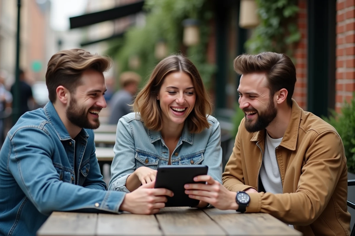 Groupe d amis partageant des vidéos dans un café en ville