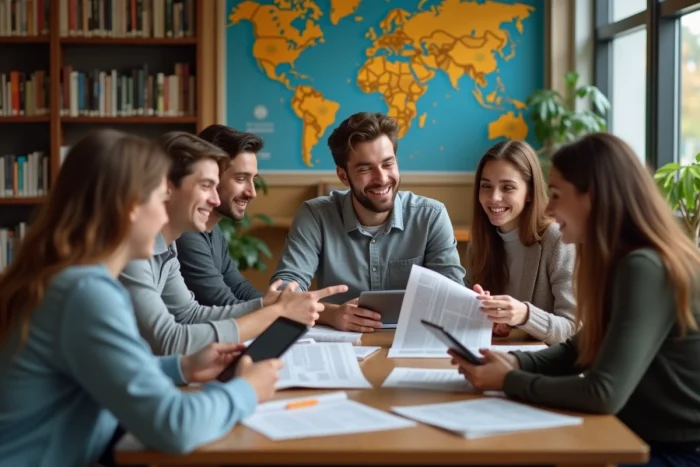 Groupe de personnes discutant dans une bibliothèque moderne