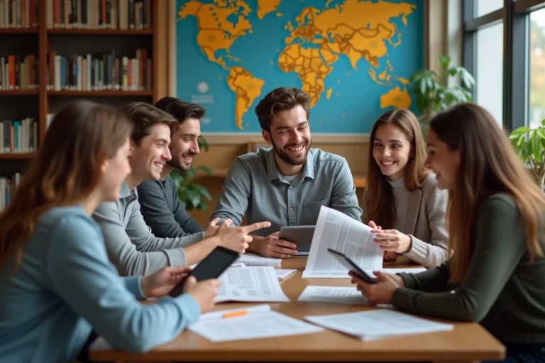 Groupe de personnes discutant dans une bibliothèque moderne