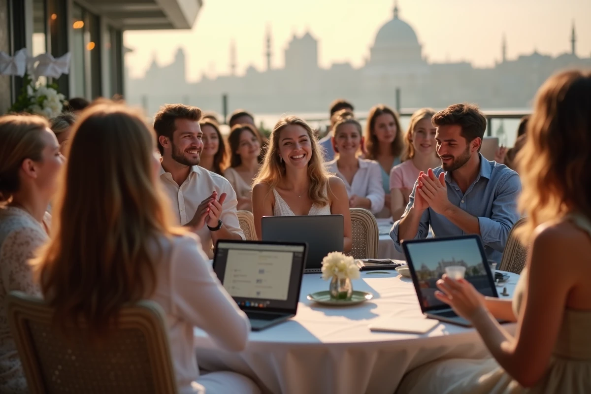 Invités divers regardant cérémonie de mariage en extérieur
