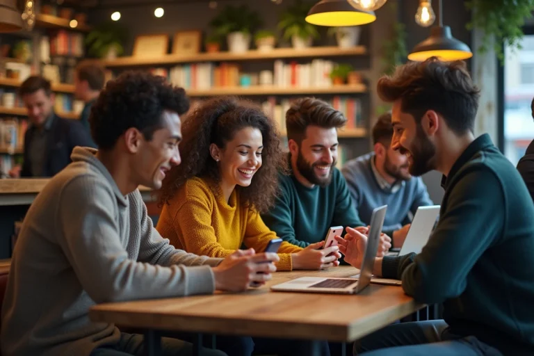 Groupe de jeunes souriants dans un café urbain dynamique