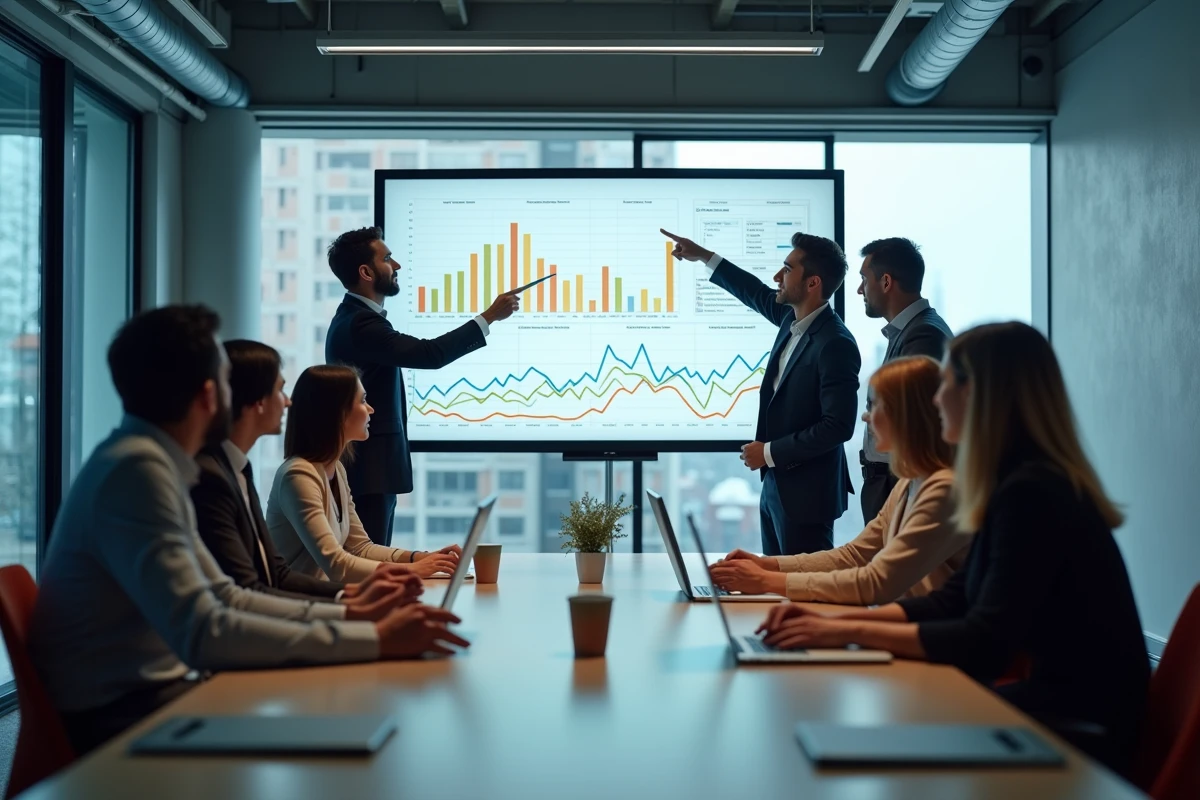 Groupe de professionnels discutant autour d’un tableau blanc numérique