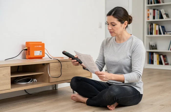 Femme consultant une notice de réinitialisation du décodeur Orange avec la télécommande à la main dans un appartement moderne