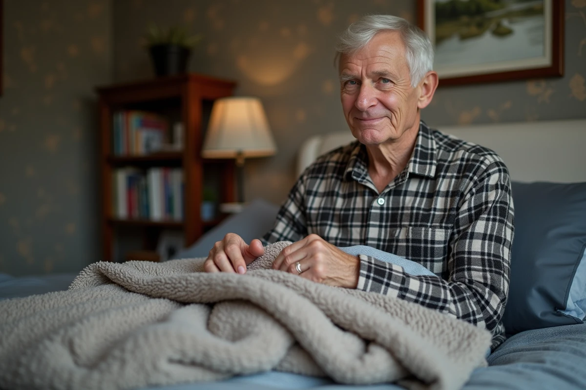 Homme age pliant une couverture dans sa chambre