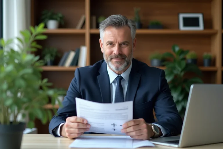 Homme d'affaires en costume bleu dans un bureau moderne