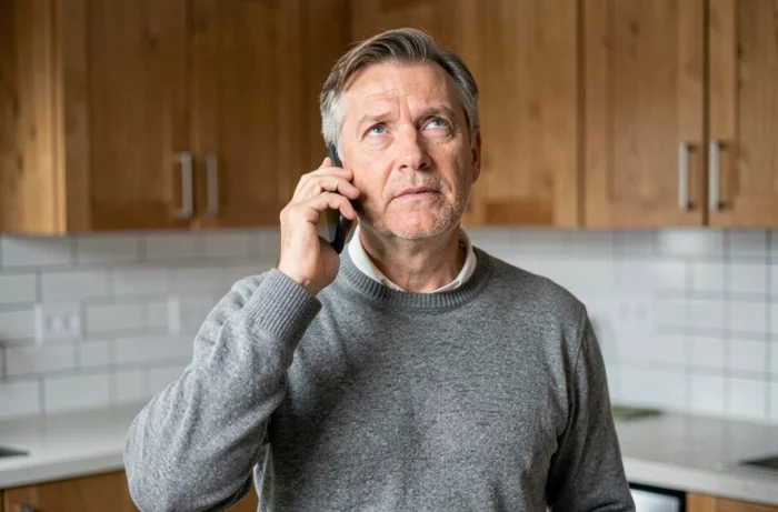 Homme senior en attente téléphonique avec un service client dans une cuisine moderne