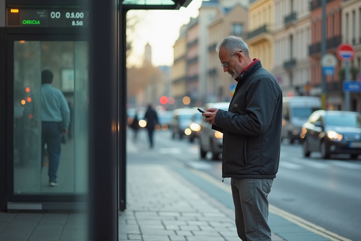Homme regardant son téléphone à un arrêt de bus en ville