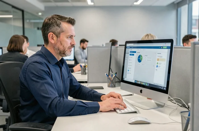 Homme en entreprise utilisant un ordinateur de bureau pour accéder à Mind Formation sans difficulté