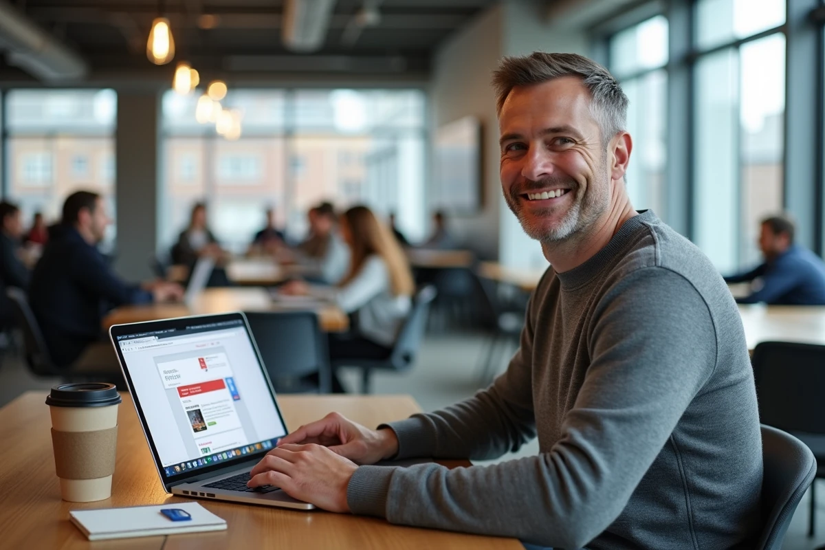 Homme au coworking transférant un fichier JPG en PDF