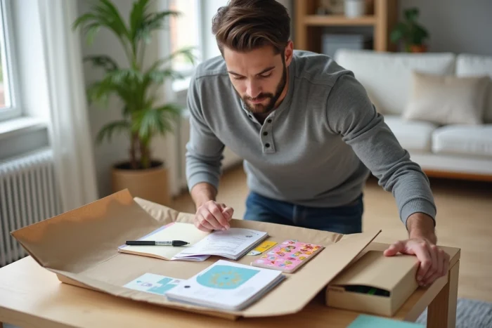 Homme déballant une commande de papeterie en ligne dans un salon scandinave moderne avec carnets et stylos
