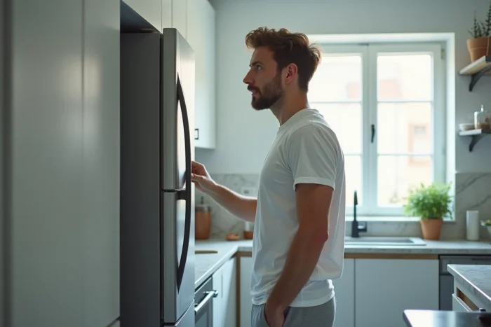 Homme en tenue décontractée ouvrant le réfrigérateur avec une expression affamée après une sieste, dans une cuisine moderne et lumineuse